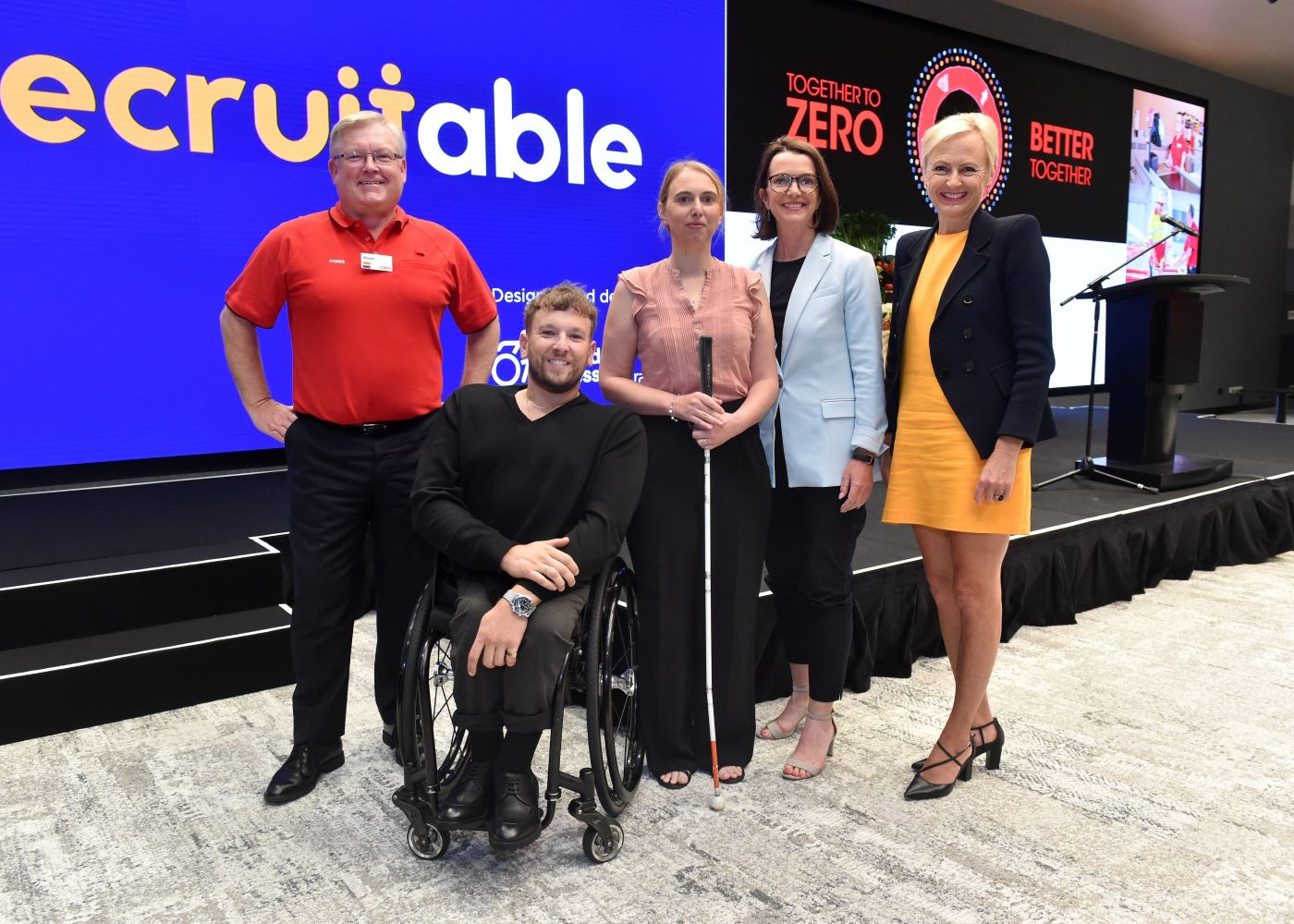 LR Coles Group CEO Steven Cain with Get Skilled Access (GSA) founder Dylan Alcott AO, GSA consultant Stephanie Agnew, Senator, the Hon Anne Ruston MP and Dr Katie Allen MP